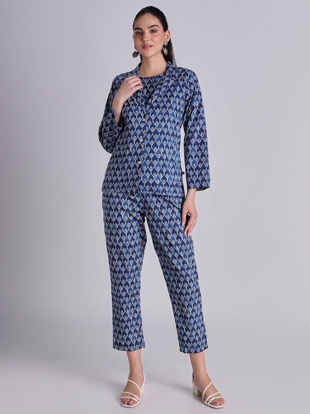 Printed Blue Mul Cotton Cord Set - 16486