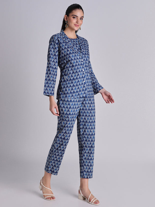 Printed Blue Mul Cotton Cord Set - 16486