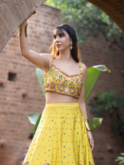 3D embroidered yellow lehenga set with contrast dupatta- Pineapple