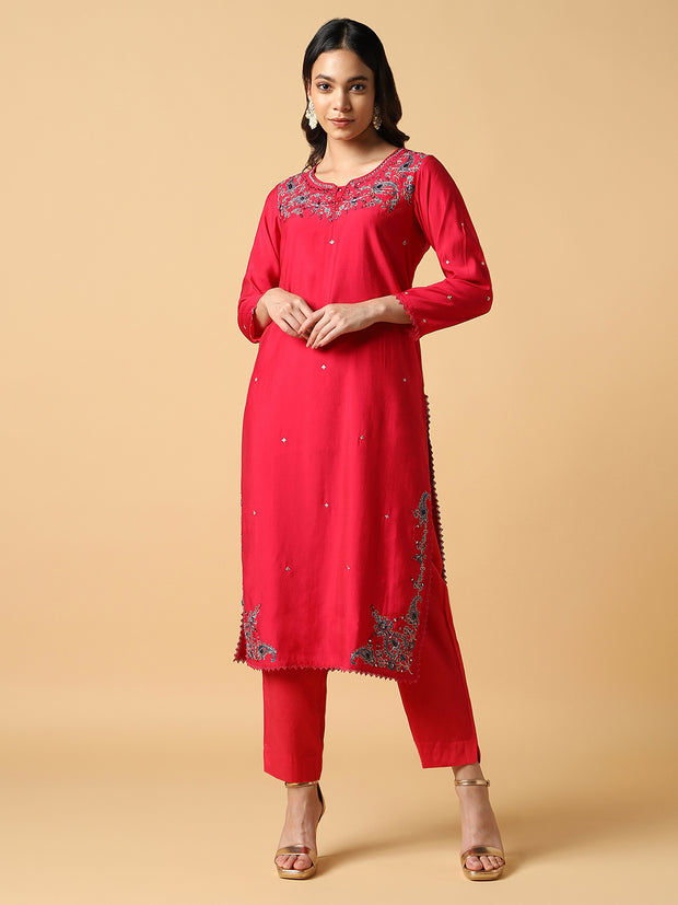 Hot Pink Embroidered Kurta Set - 30516