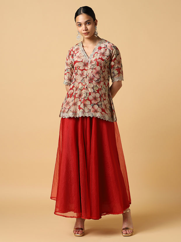 Red Embroidered Short Top and Palazzo - 32043