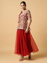 Red Embroidered Short Top and Palazzo - 32043