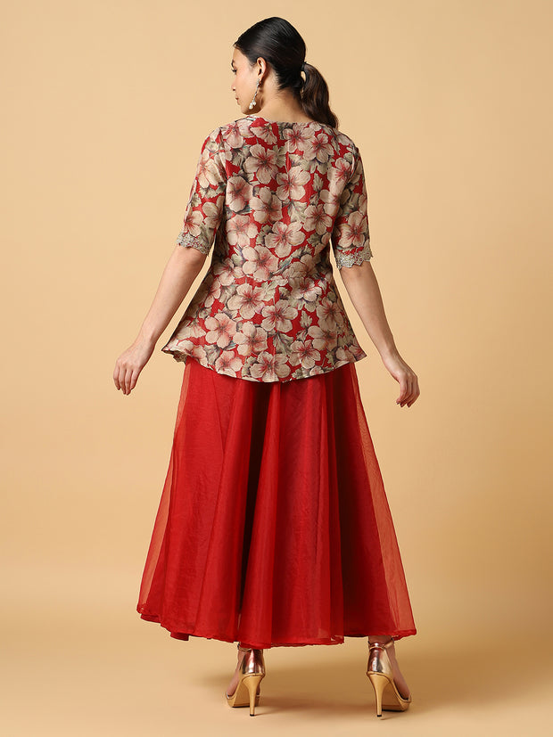 Red Embroidered Short Top and Palazzo - 32043