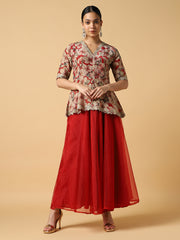 Red Embroidered Short Top and Palazzo - 32043