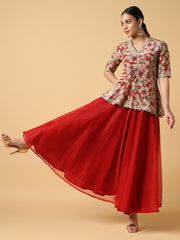 Red Embroidered Short Top and Palazzo - 32043