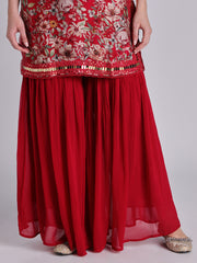 Red Embroidered Kurta and Sharara Set - 32802