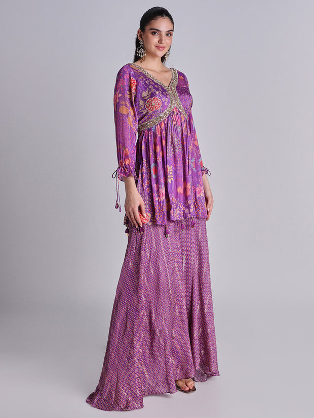 Embroidered Crepe Purple Indo Western Set - 32918