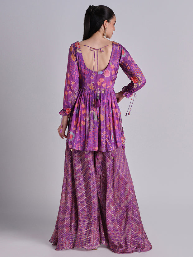 Embroidered Crepe Purple Indo Western Set - 32918