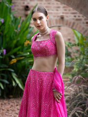 Pink lehennga set with mirror detail and emphasised shoulder blouse design- Brilliant rose