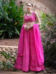 Pink lehennga set with mirror detail and emphasised shoulder blouse design- Brilliant rose