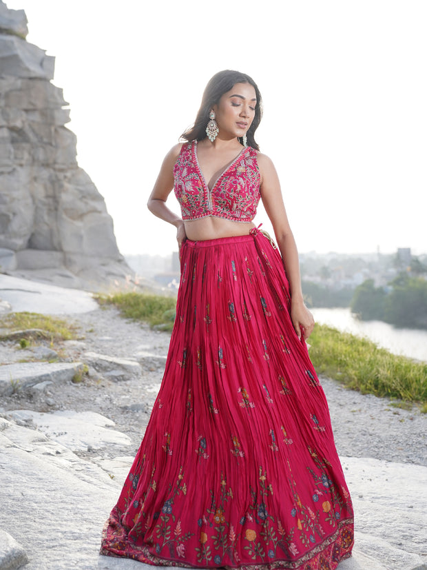 Pink floral printed lehenga- Raspberry