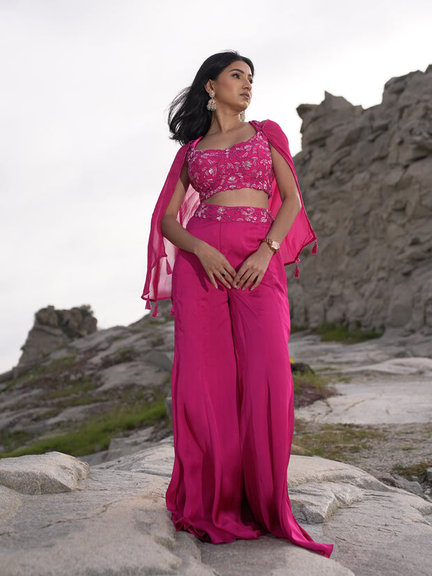 Embellished Crop Top With Flared Pants And Short Cape- Barbie Pink