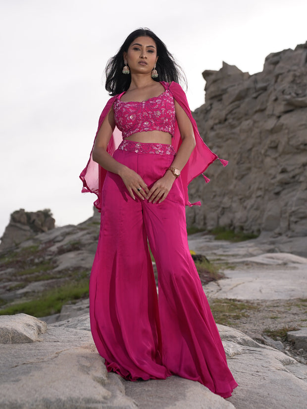 Embellished Crop Top With Flared Pants And Short Cape- Barbie Pink