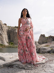 Floral Printed Drape Saree With Sharara Pants- Blush Peach