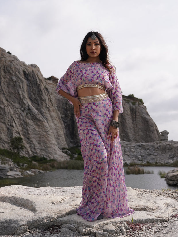 Abstract print bohemian set with statement sleeves- Lavender violet