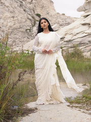 Ruffle drape saree with embellished blouse- Pearl white