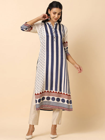 Broad Creme Striped and Geometric Crepe Kurti - 011955