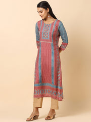 Red and Blue Striped Crepe Kurti with Beaded Yoke - 012007