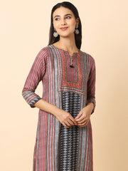 Printed Red and Grey Crepe Kurti with Tassel - 012089