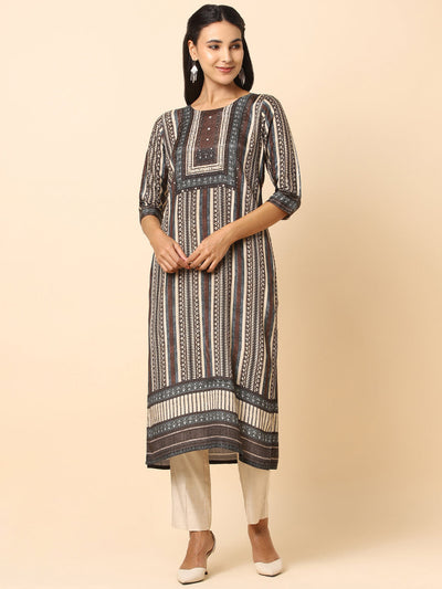 Printed Creme and Grey Crepe Kurti - 012096