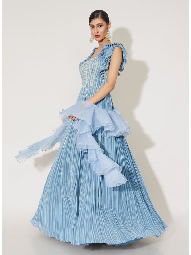 Sequin-work Sky Blue Chiffon Cocktail Dress