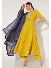 Yellow Cotton Salwar Suit paired with Blue Bandhani Dupatta