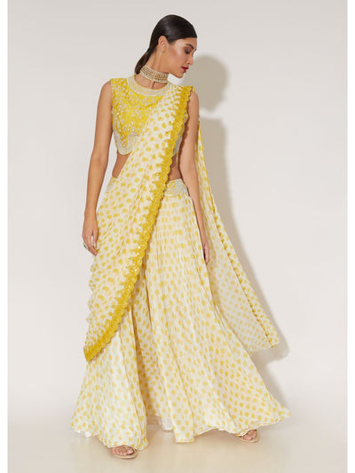 Yellow polka dots Chiffon Drape Saree Palazzo