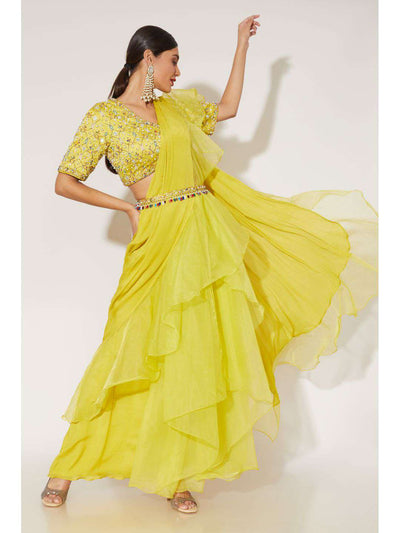 Yellow Organza Drape Saree with Embroidery and mirror work
