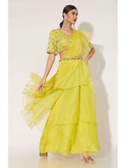 Yellow Organza Drape Saree with Embroidery and mirror work