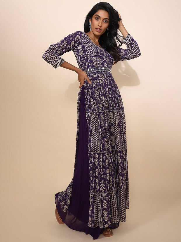 Sequined and Printed Purple Slit Gown - 11100455176