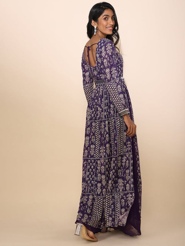 Sequined and Printed Purple Slit Gown - 11100455176