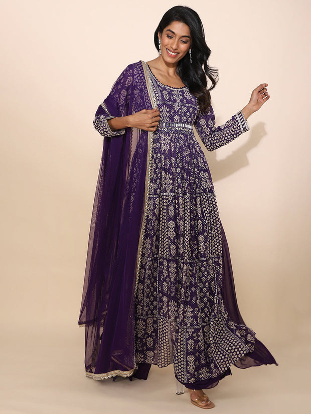 Sequined and Printed Purple Slit Gown - 11100455176