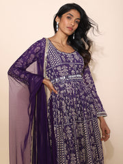 Sequined and Printed Purple Slit Gown - 11100455176