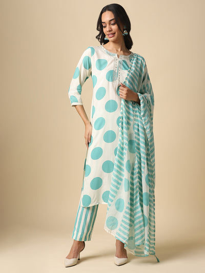 Polka Dot Embroidered Kurta Set - 014796