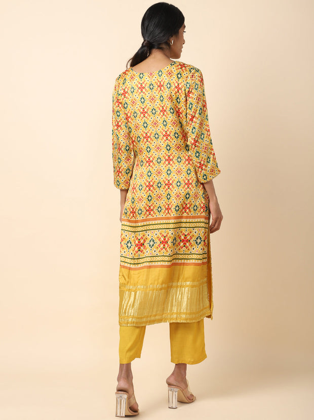 House of Dhara Women's Salwar Set - Yellow Printed Gajji Silk Kurti for Women - 19824
