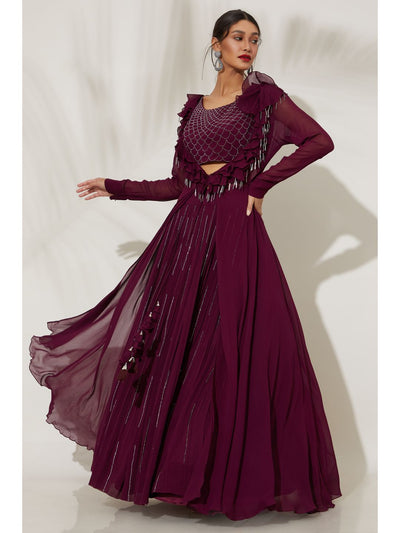 Wine Georgette Lehenga Choli with Jacket