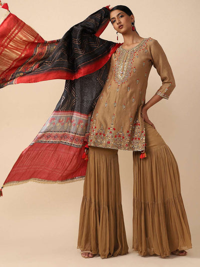 Brown Raw silk hand-embroidered Sharara Suit set
