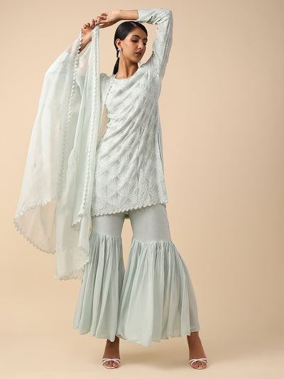 Pista-green Sequins-embellished Chiffon Sharara Suit set