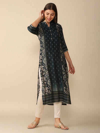 Green Cotton Silk Kurta with Elephants and floral prints DS-174