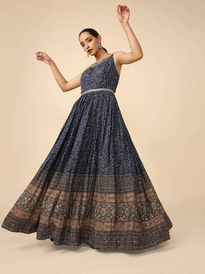Navy-Blue Printed chiffon Gown