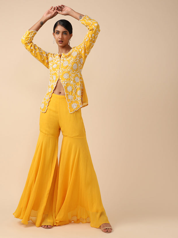 Yellow Chiffon Hand-embroidered Sharara Suit set Ds-202