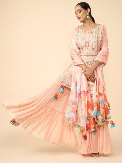 Pink Raw silk Hand-embroidered Sharara Suit set