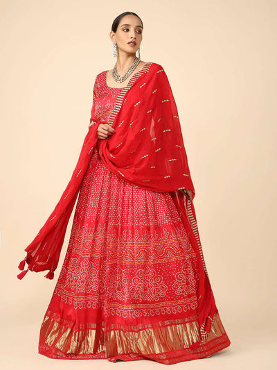 Red Satin Bandhani dress with matching Chiffon dupatta