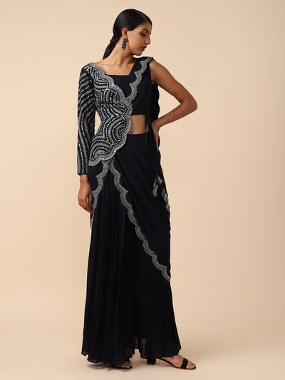 Navy-blue Georgette Drape saree with one sided embroidered Jacket
