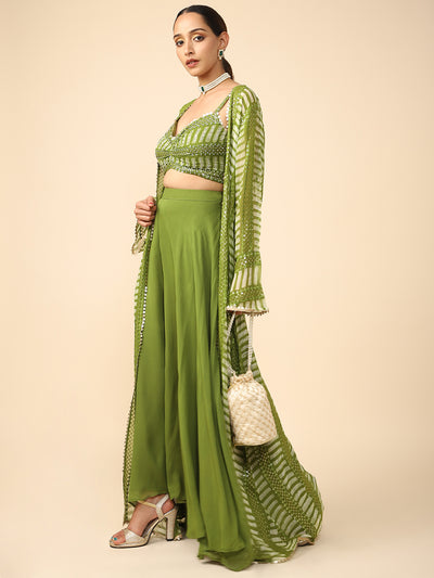 Green Chiffon Pallazzo with Printed Jacket