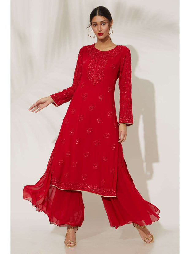 Red Georgette Chikan Sharara suit