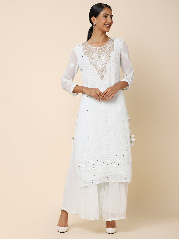 Ice-blue Georgette Chickan Lucknowi