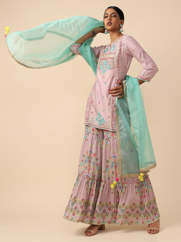 Pink Raw silk top with printed chiffon bottom Sharara Suit set