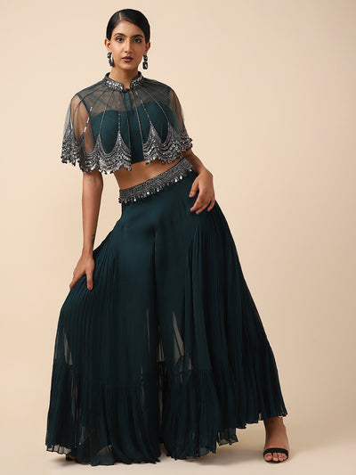 Bottle Green Crepe Pallazzo set with cape top