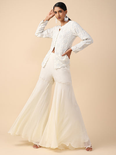 White Chiffon Hand-embroidered Sharara Suit set